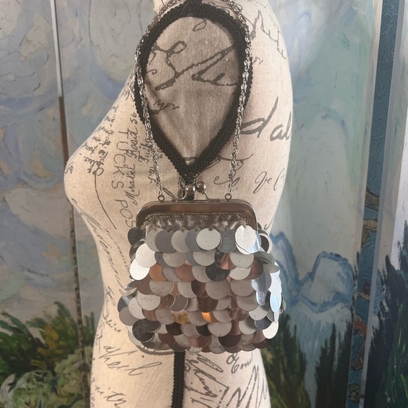 Handbags - Silver sequined, grey beaded, Flapper Girl clutch.